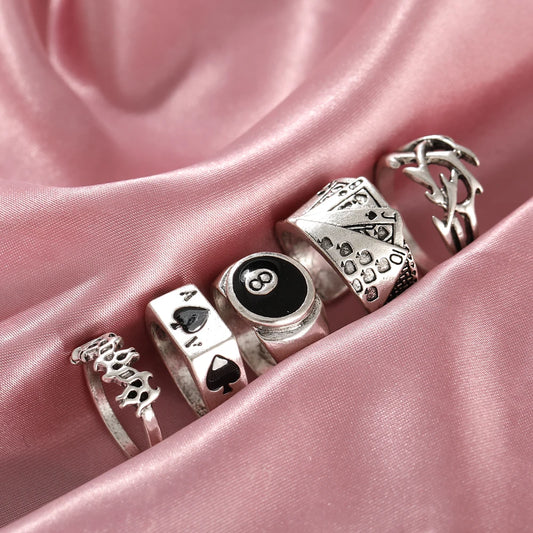 Poker & Billiards Ring Set – Vintage Silver Y2K Gothic Jewelry