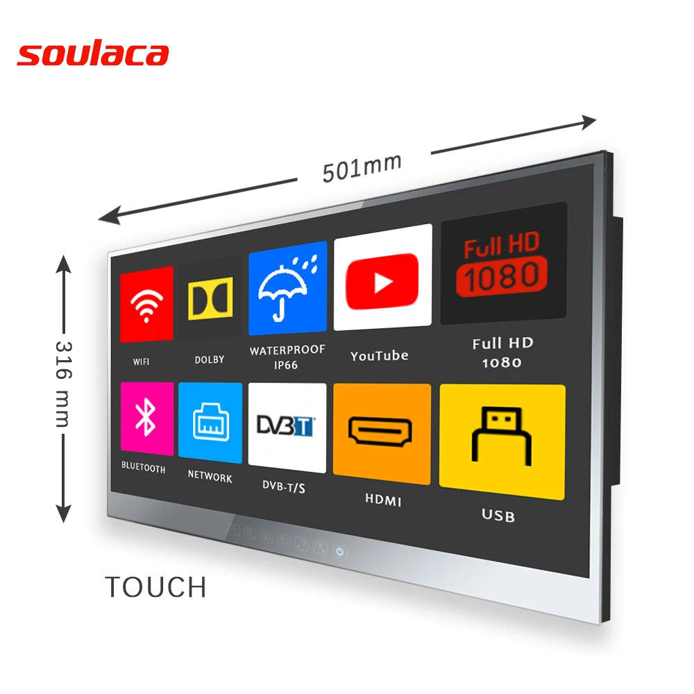 Soulaca New 22 inch Touch Mirror Waterproof TV is for European Style Bathroom Shower Embedded Bracket Android 9.0 Full HD WiFi