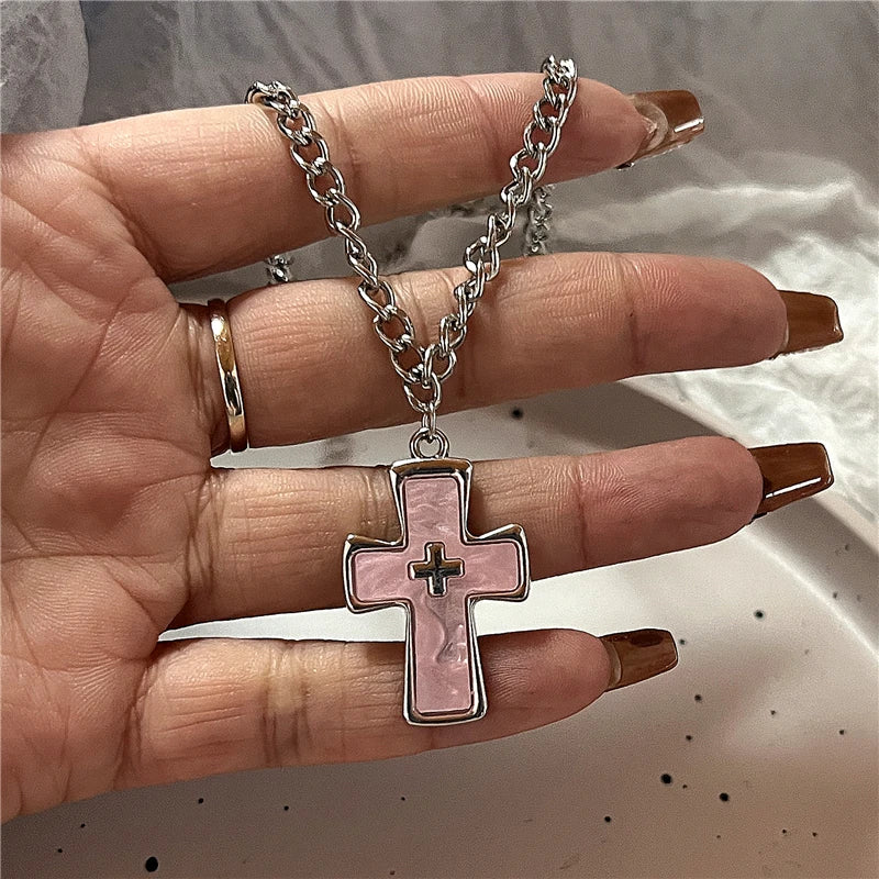 Gothic Pink Cross Choker Necklace – Punk Y2K Grunge Jewelry