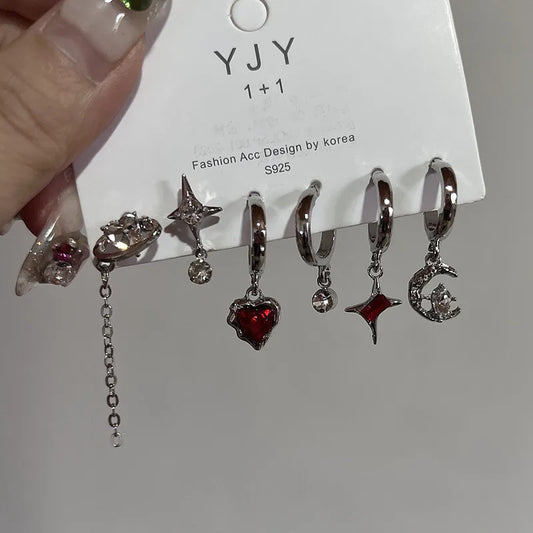 Black Crystal Star Earring Set – Gothic Heart & Pentagram Y2K Jewelry