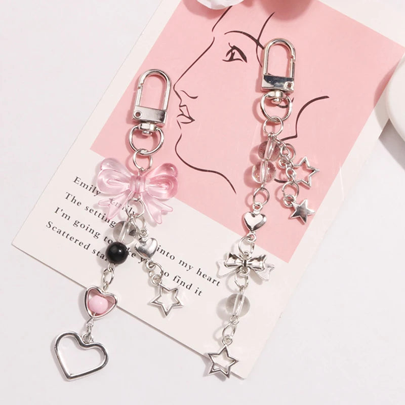 Kawaii Goth Y2K Phone Charm – Bow, Heart & Star Keychain Pendant