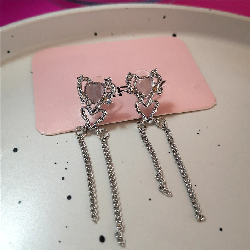 Harajuku Gothic Bow & Pink Crystal Heart Moon Star Earrings – Y2K Fashion Jewelry