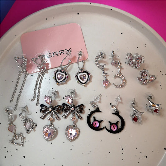 Harajuku Gothic Bow & Pink Crystal Heart Moon Star Earrings – Y2K Fashion Jewelry