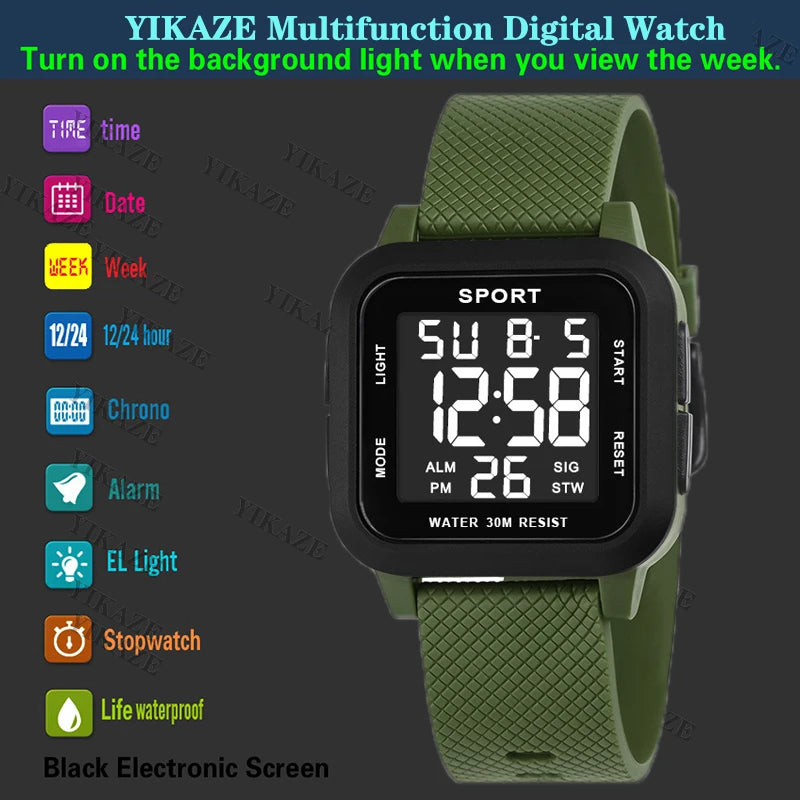 YIKAZE Men's Digital Watch Rubber Men Sports LED Watches 3Bar Waterproof Alarm Chrono Clock Man Fitness Electronic Wrist Watch