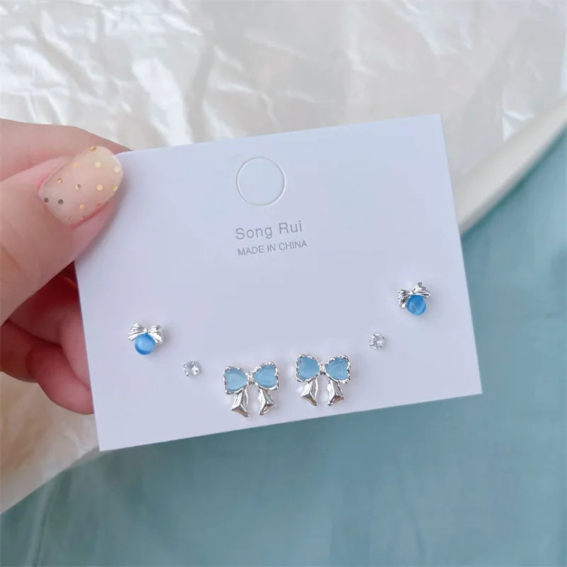 Blue Bowknot & Heart Rhinestone Stud Earrings Set – Y2K Cute Korean Fashion