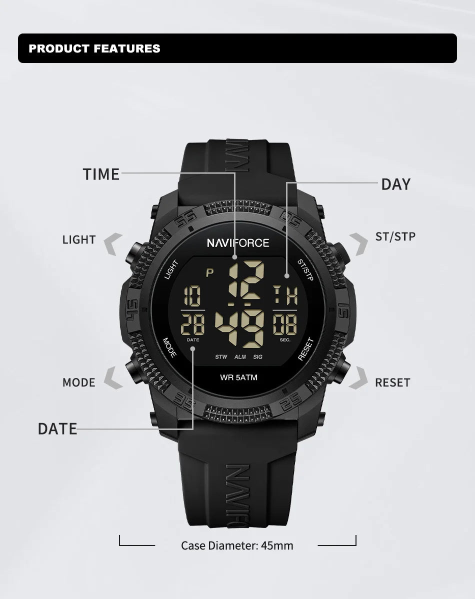 NAVIFORCE Men's Digital Watch - 50m Waterproof, Silicone Strap, Sport Style, High Quality 2024 Model