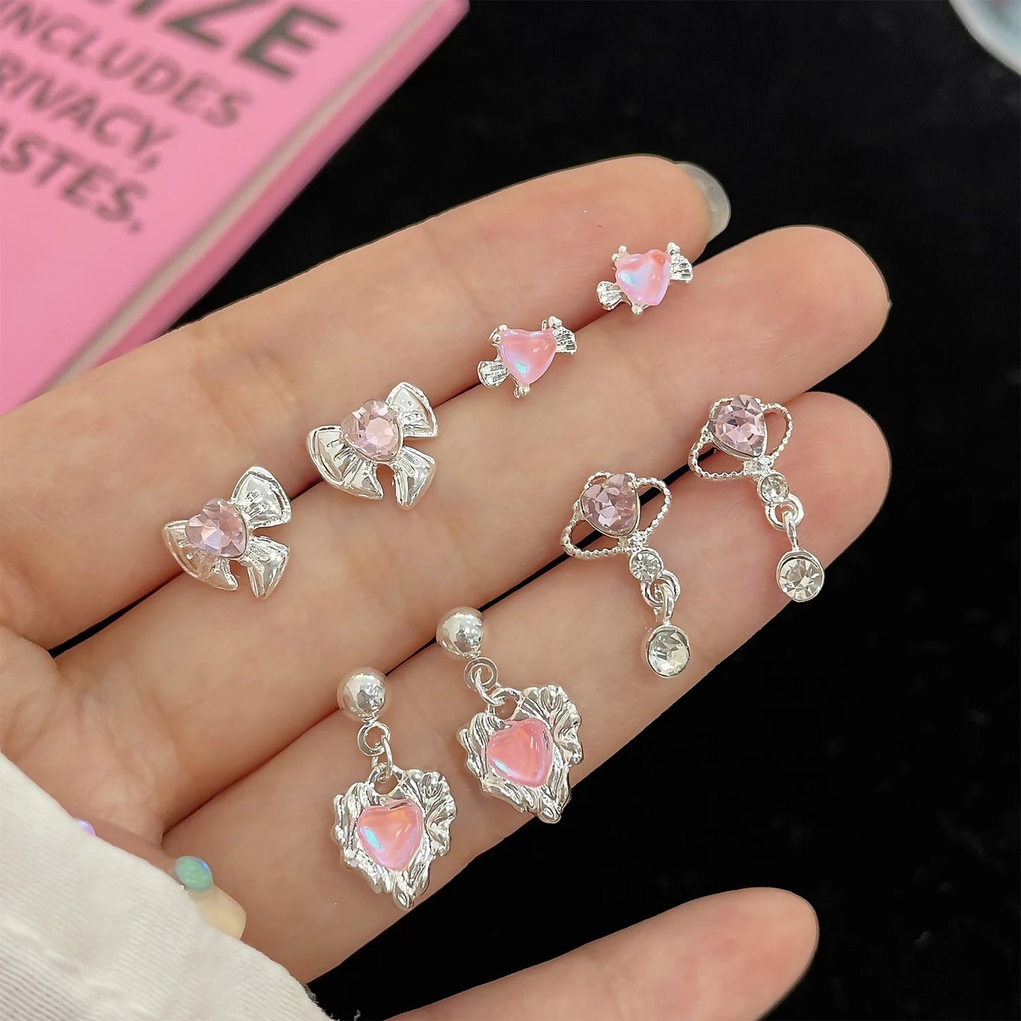 Pink Crystal Bow Sweetheart Studs