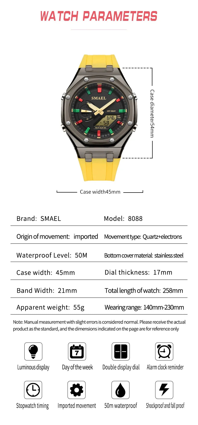 SMAEL 8088 Digital Sports Watch – 5 Alarms, Dual Time, Waterproof, LED Light, Stopwatch