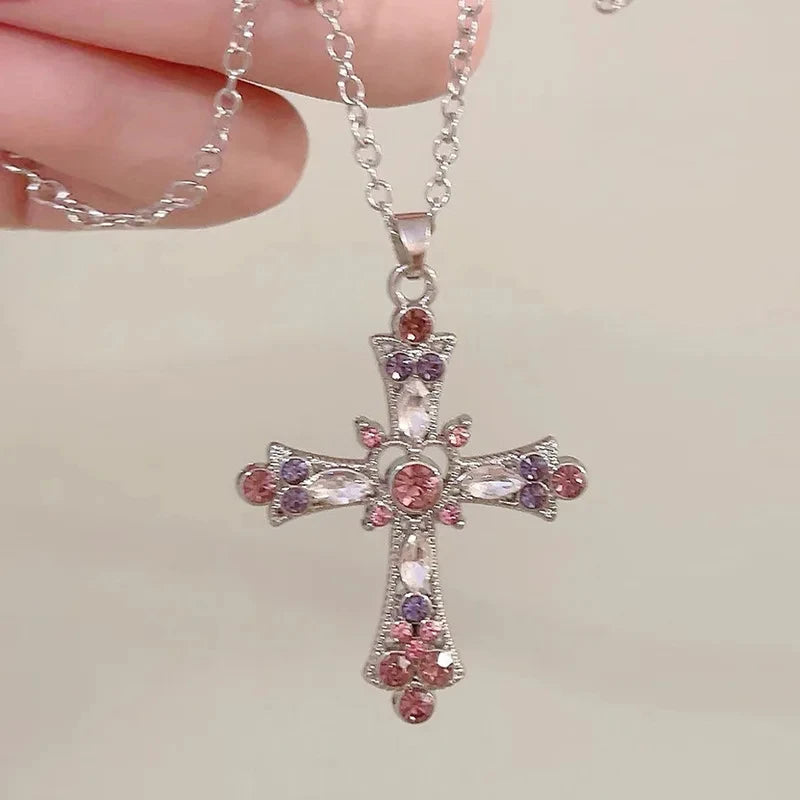 Pink & Purple Love Cross Necklace – Y2K Gothic Charm