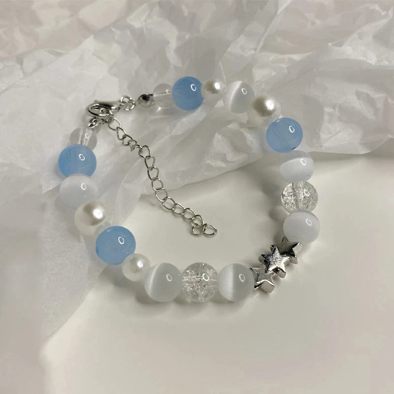 Harajuku Star Pearl Beaded Bracelet – Blue Glass Charm Y2K Jewelry