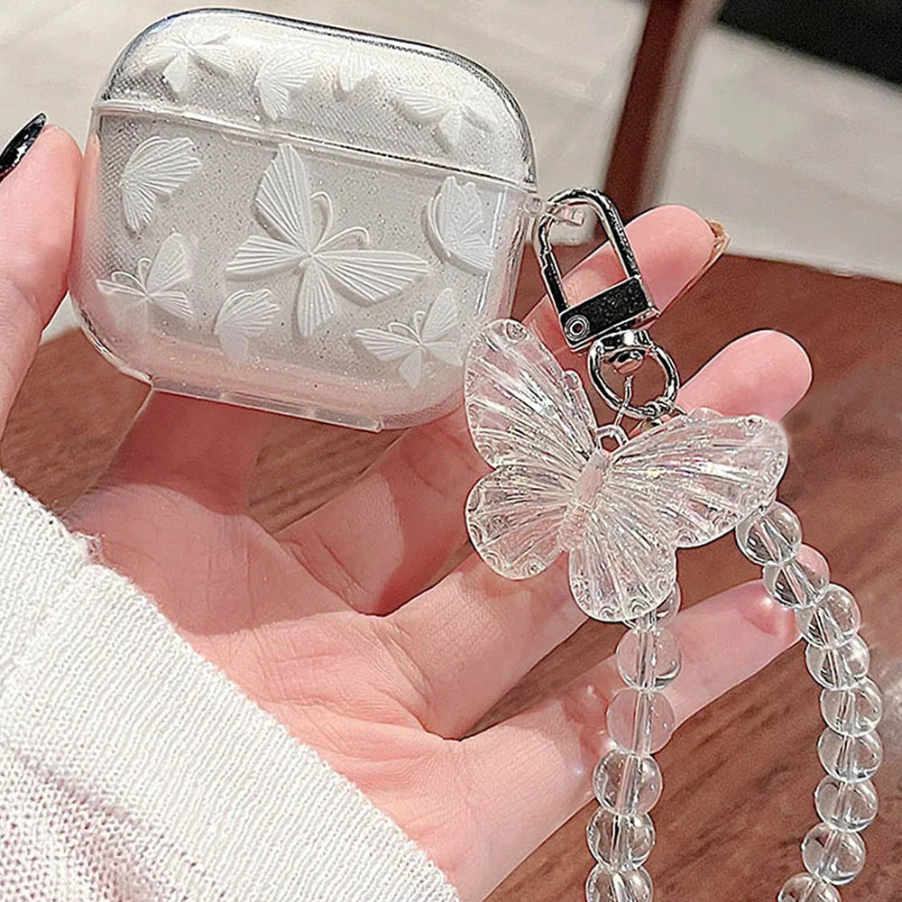 Sparkling pink butterfly print suitable for airpods pro2 Apple 2nd generation Bluetooth earphone case 1/2/3 protective case box