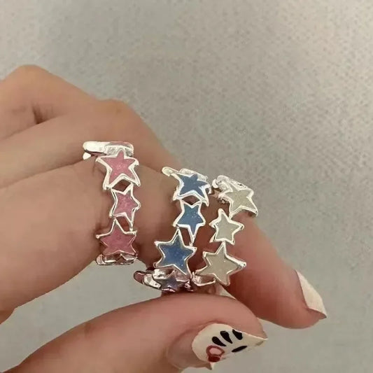 Starry Dreams Adjustable Ring Set – Y2K Enamel Pink & Blue Stars