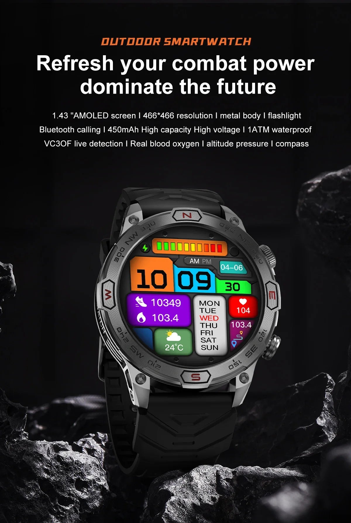 Outdoor Military Smart Watch - Bluetooth Call, Fitness GPS, Compass, Waterproof, for Android & iOS