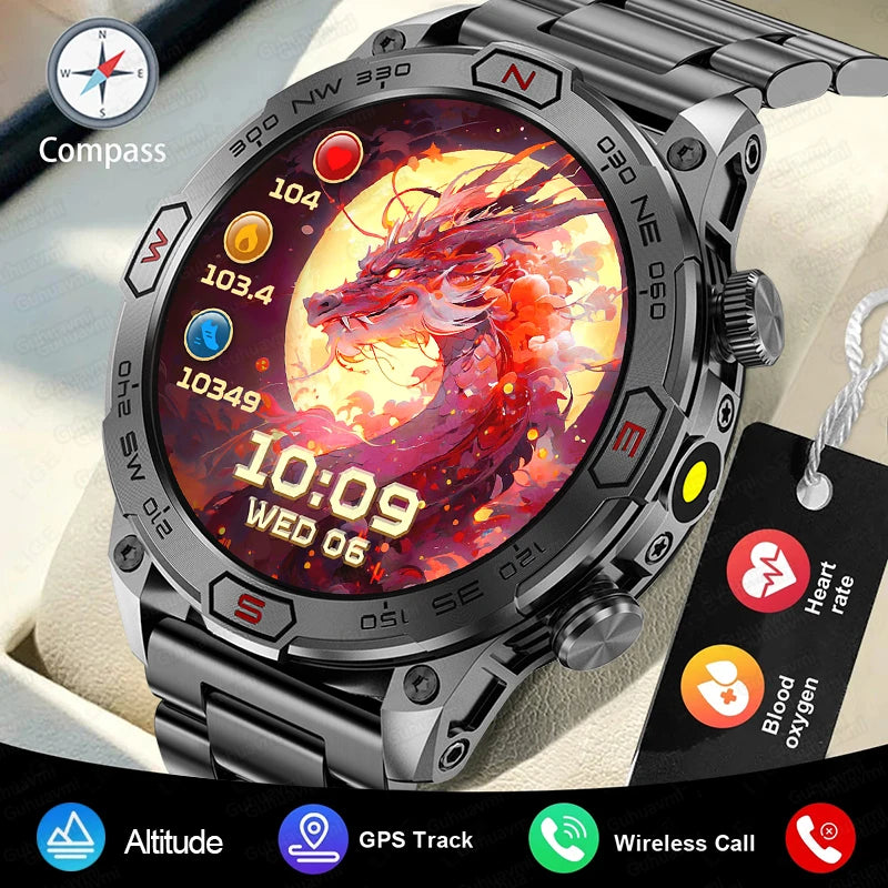 Outdoor Military Smart Watch - Bluetooth Call, Fitness GPS, Compass, Waterproof, for Android & iOS