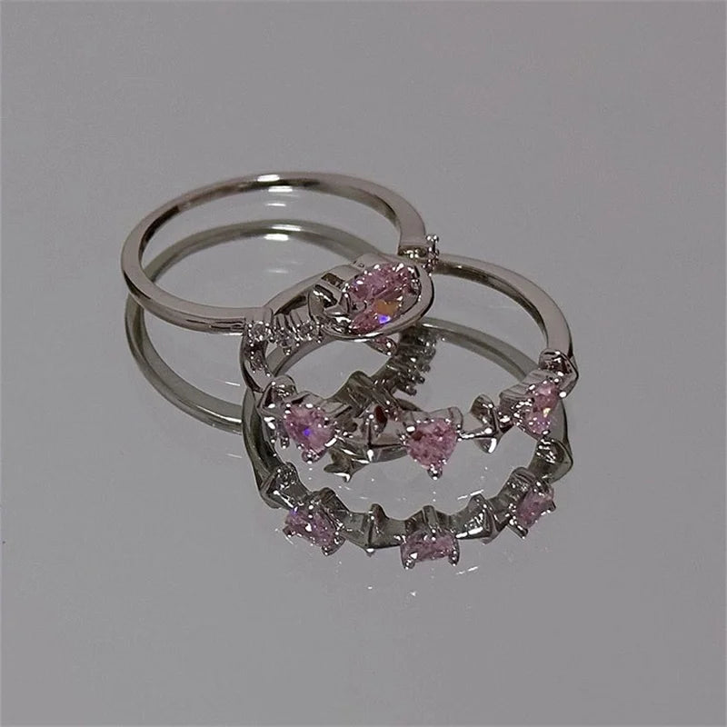 Pink Zircon Romance Ring – Y2K Heart Bridal Set