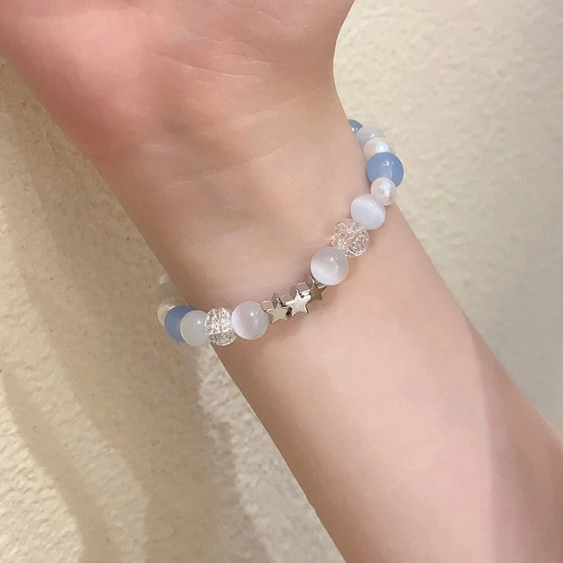 Harajuku Star Pearl Beaded Bracelet – Blue Glass Charm Y2K Jewelry