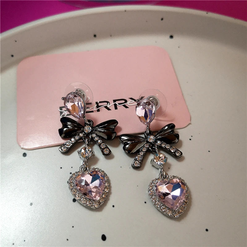 Harajuku Gothic Bow & Pink Crystal Heart Moon Star Earrings – Y2K Fashion Jewelry