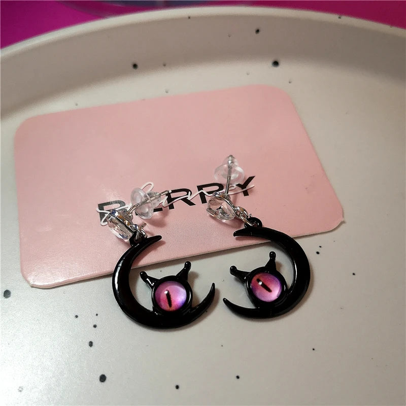 Harajuku Gothic Bow & Pink Crystal Heart Moon Star Earrings – Y2K Fashion Jewelry