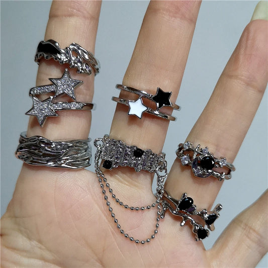 Kpop Gothic Double Layer Star Crystal Ring – Y2K EMO Grunge Jewelry