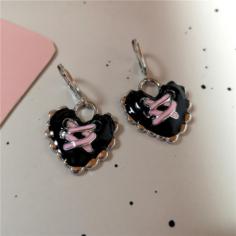 Pink Crystal Cross & Heart Drop Earrings – Y2K Gothic Jewelry