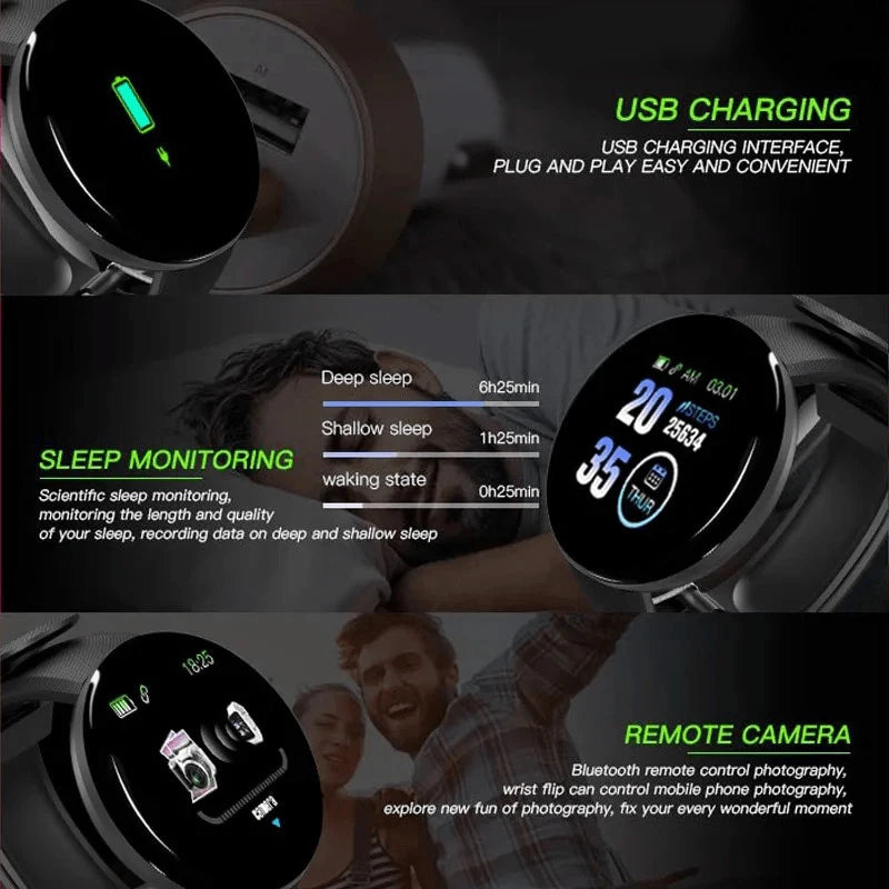 D18 Smart Watch for Men & Women - Fitness Tracker with Heart Rate & Blood Pressure Monitor, Waterproof, iOS & Android Compatible