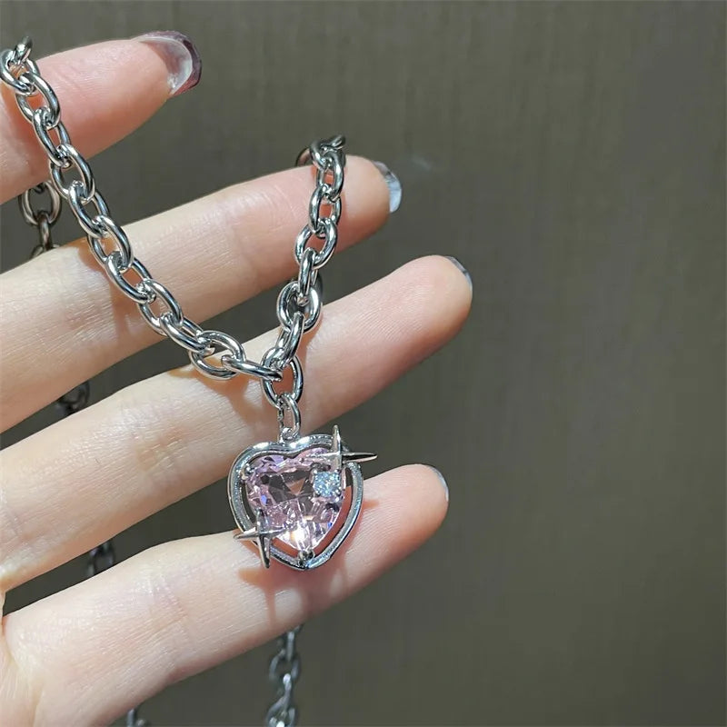 Peach Heart Water Drop Necklace – Y2K Pink Crystal Clavicle Chain