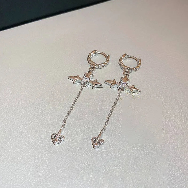 Crystal Cross Tassel Sparkle Earrings