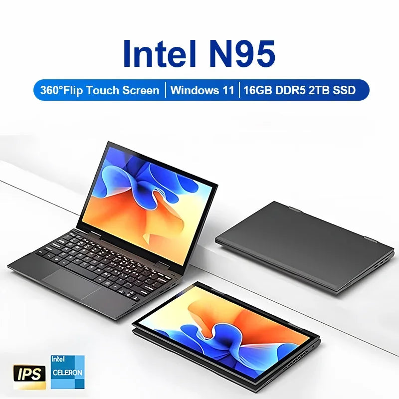 2-in-1 10.95" Touchscreen 360° Flip Laptop – Intel N95, 16GB DDR5, 2TB SSD, Windows 11 Pro, Metal Mini Office/Gaming Notebook