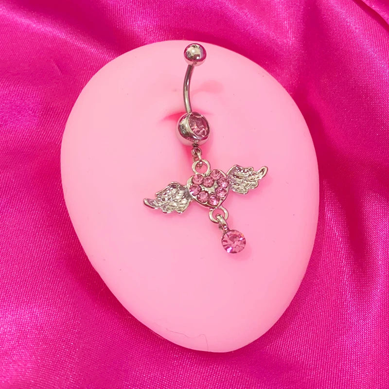 Angelic Heart Belly Ring – Pink Crystal & Wing Body Jewelry