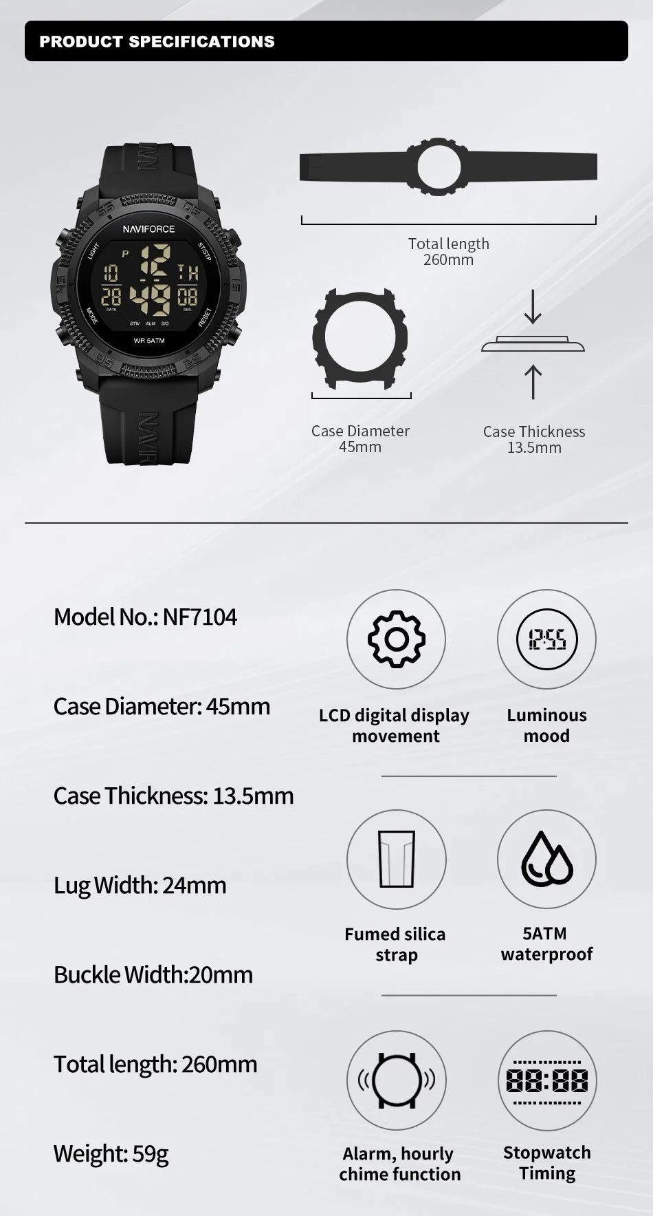 NAVIFORCE Men's Digital Watch - 50m Waterproof, Silicone Strap, Sport Style, High Quality 2024 Model