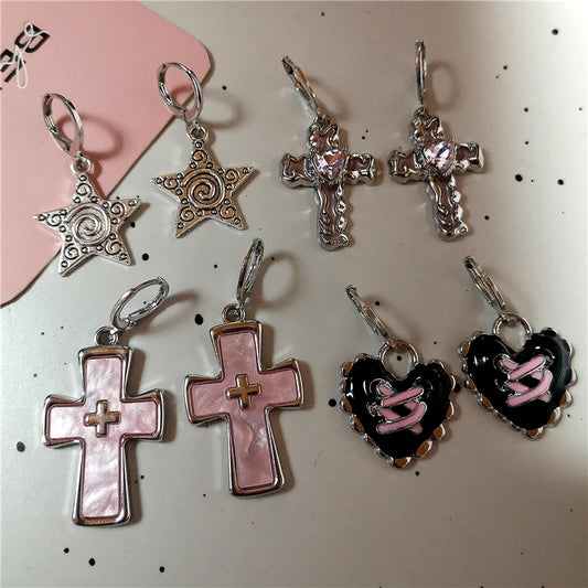 Pink Crystal Cross & Heart Drop Earrings – Y2K Gothic Jewelry