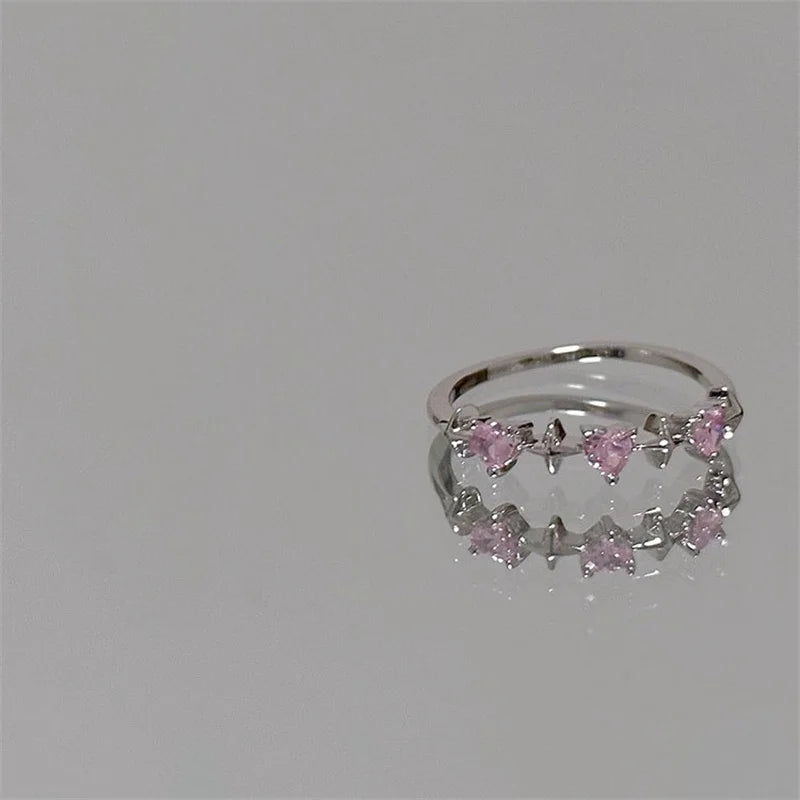 Pink Zircon Romance Ring – Y2K Heart Bridal Set