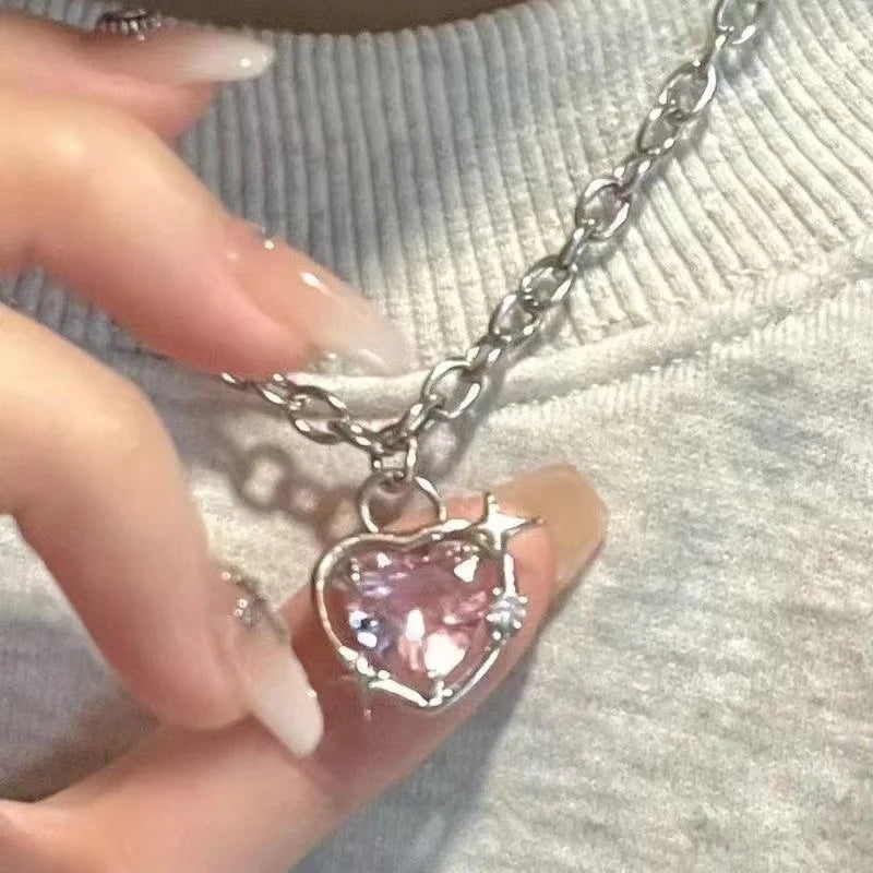 Peach Heart Water Drop Necklace – Y2K Pink Crystal Clavicle Chain