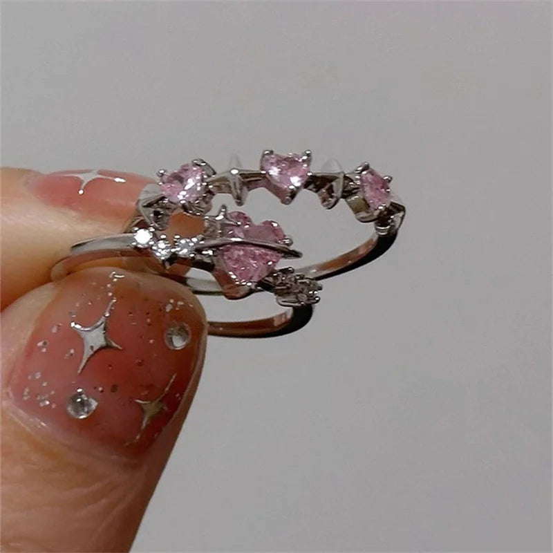 Pink Zircon Romance Ring – Y2K Heart Bridal Set