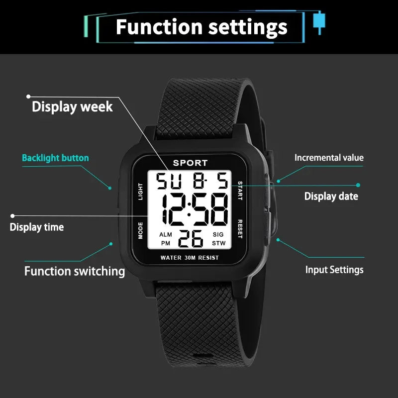 YIKAZE Men's Digital Watch Rubber Men Sports LED Watches 3Bar Waterproof Alarm Chrono Clock Man Fitness Electronic Wrist Watch