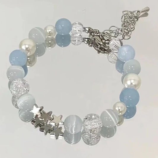 Harajuku Star Pearl Beaded Bracelet – Blue Glass Charm Y2K Jewelry