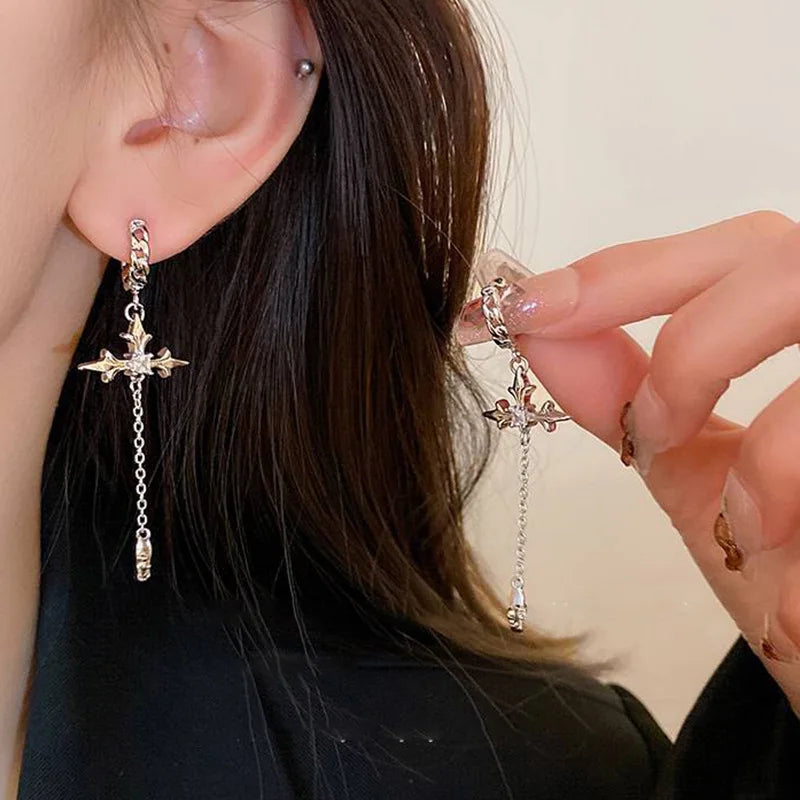 Crystal Cross Tassel Sparkle Earrings