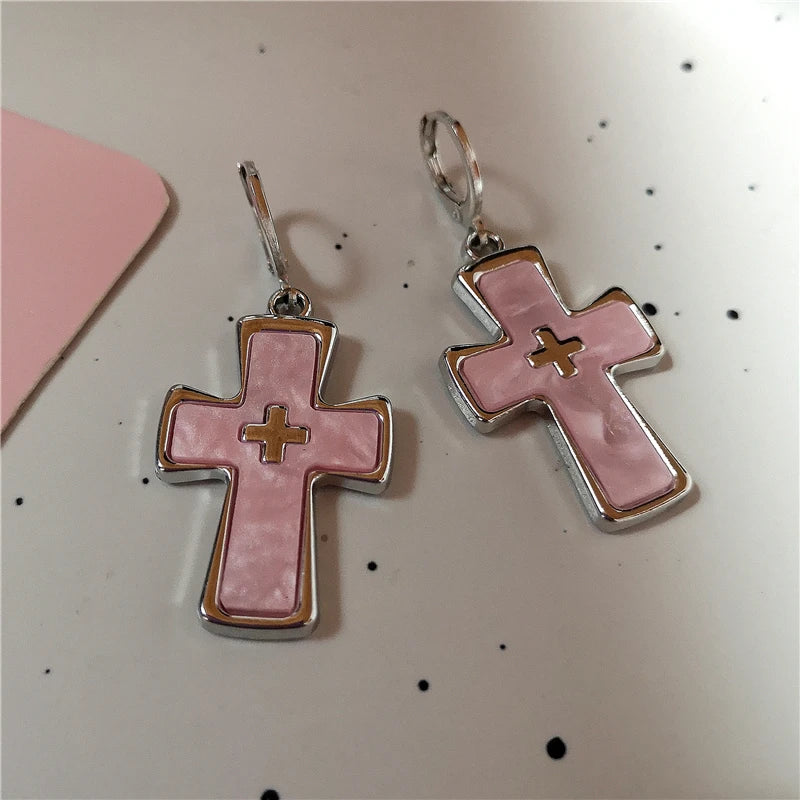 Pink Crystal Cross & Heart Drop Earrings – Y2K Gothic Jewelry