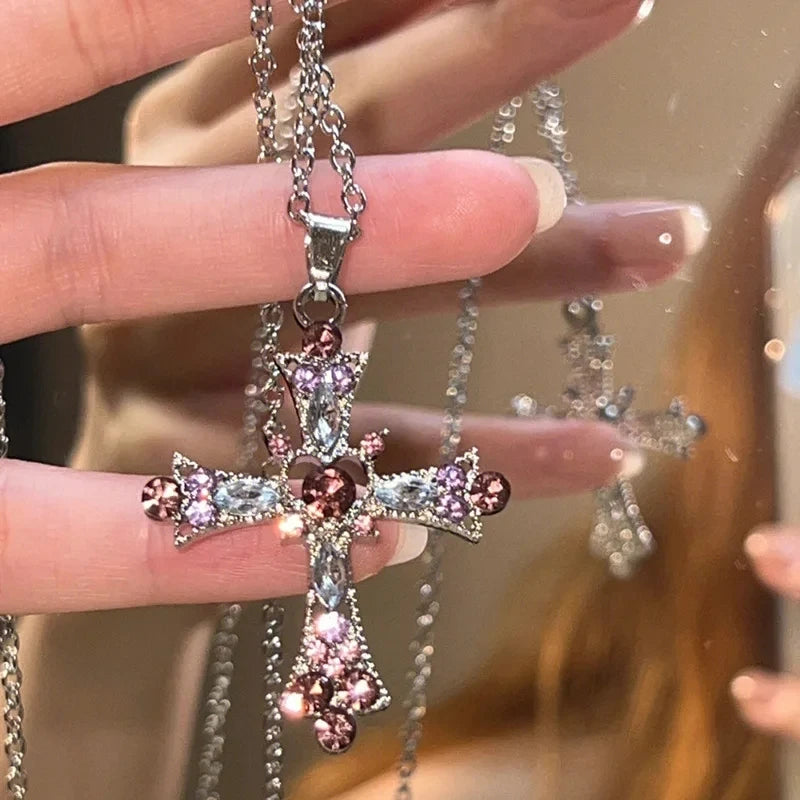 Pink & Purple Love Cross Necklace – Y2K Gothic Charm