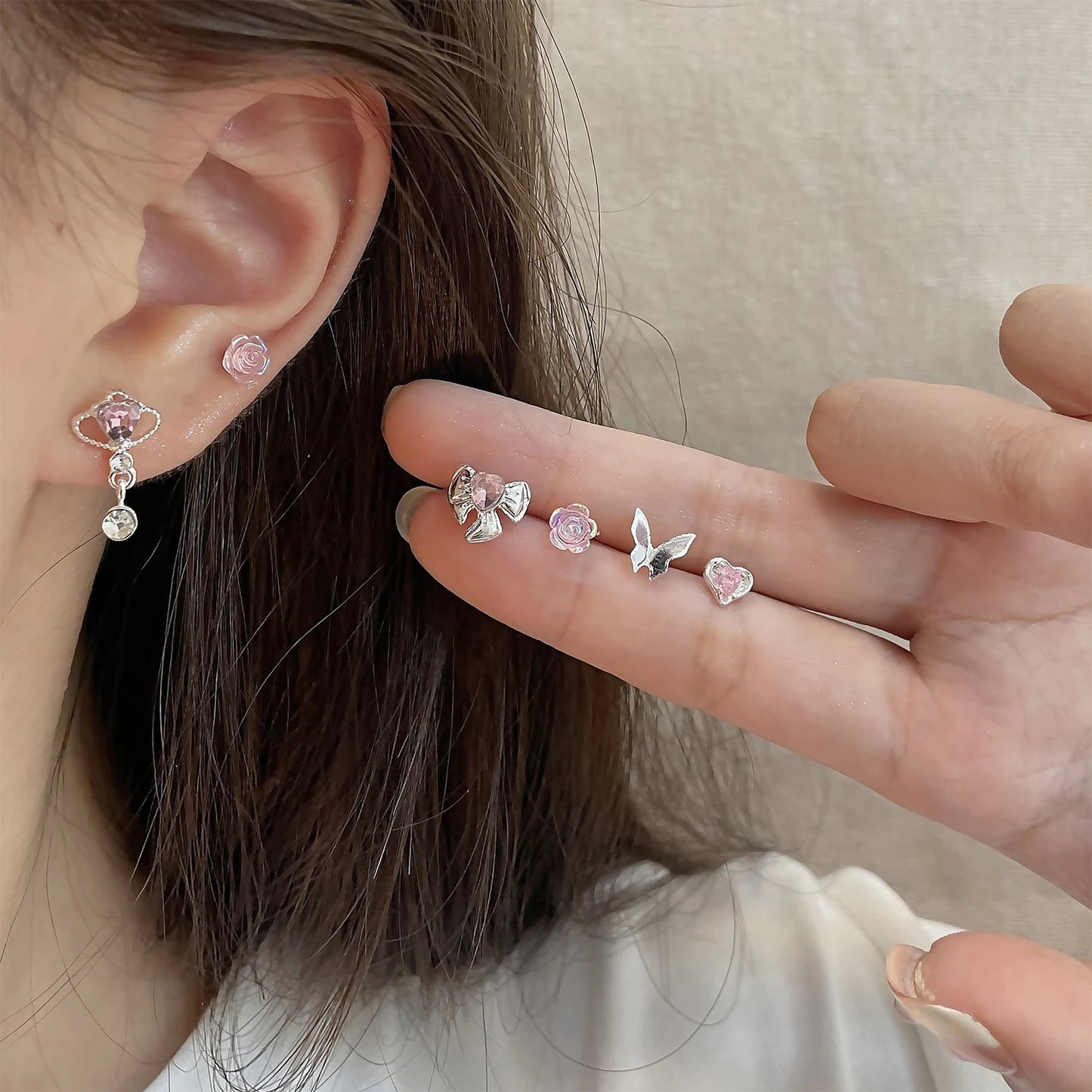 Pink Crystal Bow Sweetheart Studs