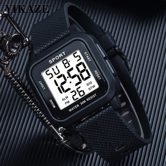 YIKAZE Men's Digital Watch Rubber Men Sports LED Watches 3Bar Waterproof Alarm Chrono Clock Man Fitness Electronic Wrist Watch