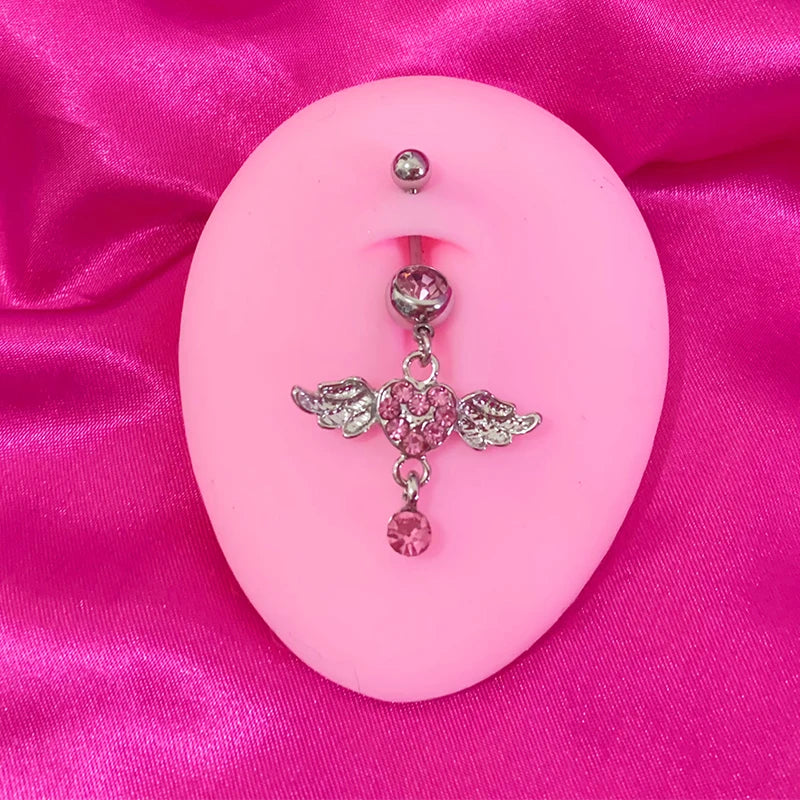 Angelic Heart Belly Ring – Pink Crystal & Wing Body Jewelry