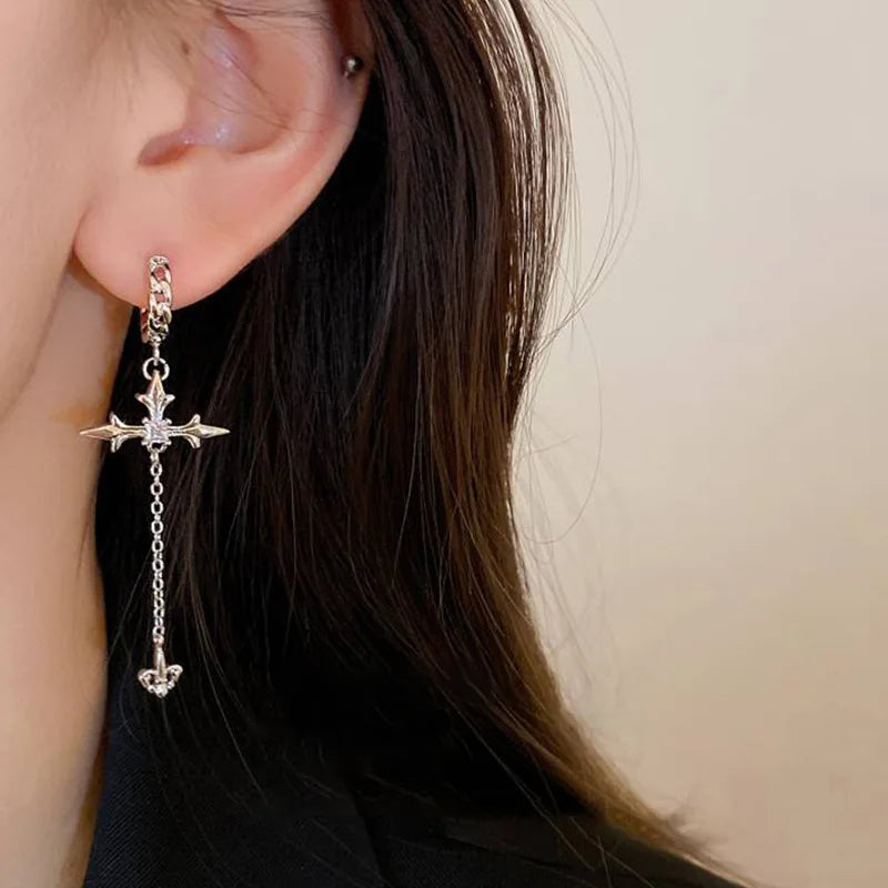 Crystal Cross Tassel Sparkle Earrings