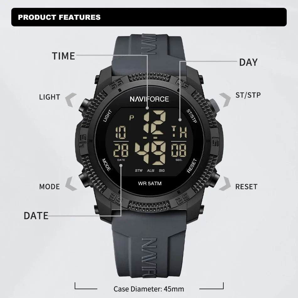 NAVIFORCE Men's Digital Watch - 50m Waterproof, Silicone Strap, Sport Style, High Quality 2024 Model