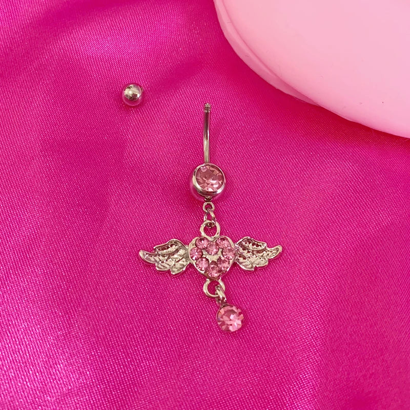 Angelic Heart Belly Ring – Pink Crystal & Wing Body Jewelry