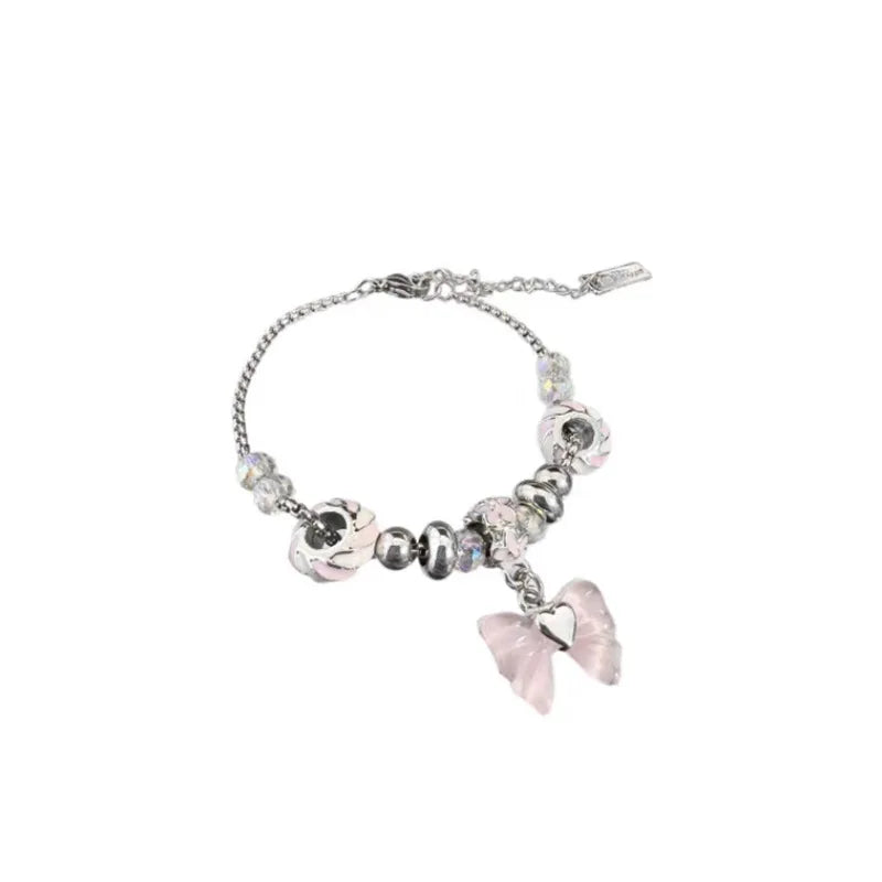 Pink Bowknot Beaded Charm Bracelet – Gothic Harajuku Y2K Aesthetic