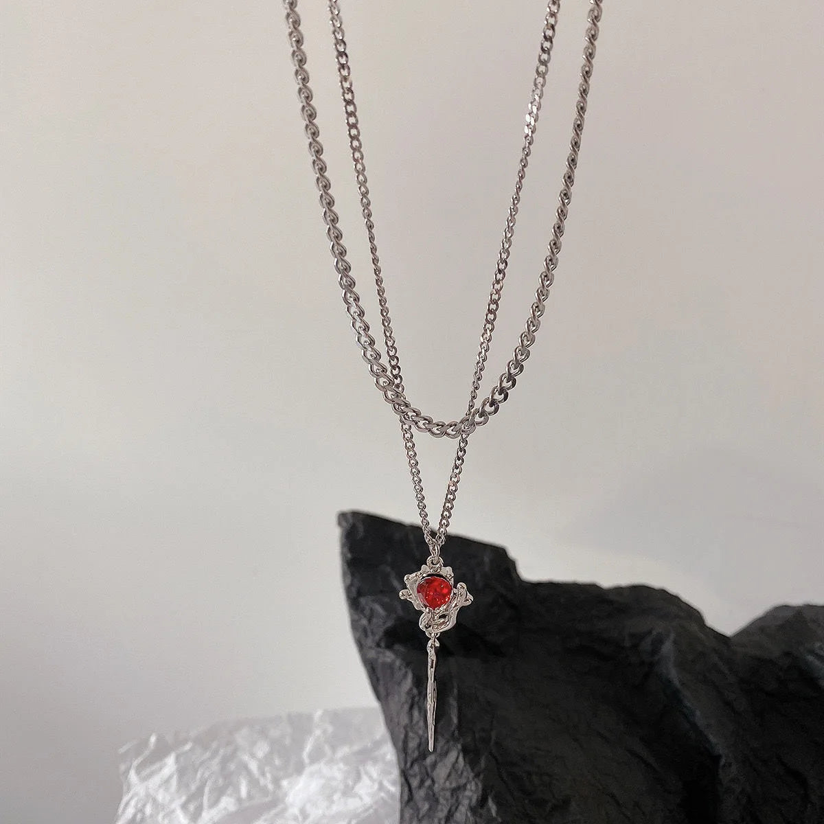 Blossom Charm – Double Layer Rose Pendant Necklace with Red Zircon