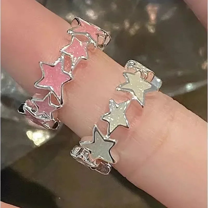 Starry Dreams Adjustable Ring Set – Y2K Enamel Pink & Blue Stars