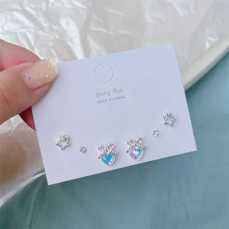 Blue Bowknot & Heart Rhinestone Stud Earrings Set – Y2K Cute Korean Fashion