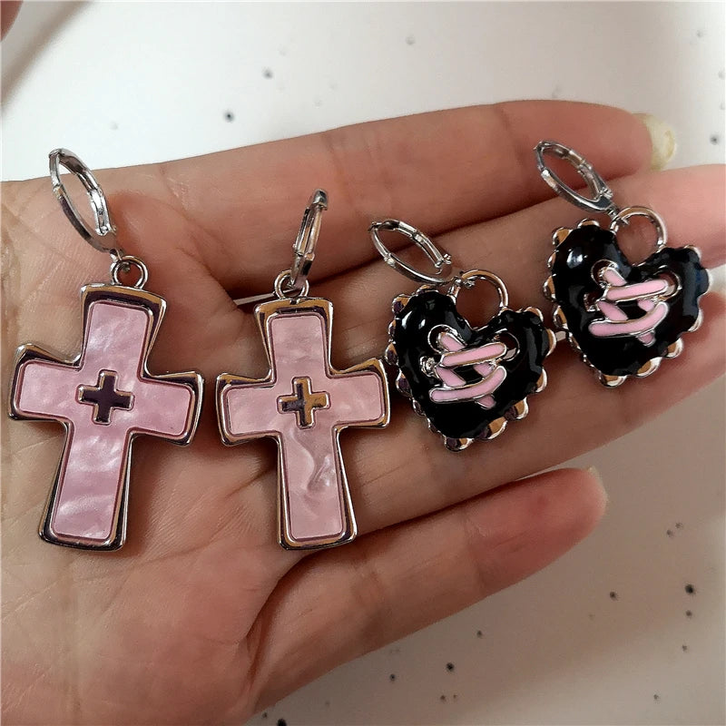 Pink Crystal Cross & Heart Drop Earrings – Y2K Gothic Jewelry